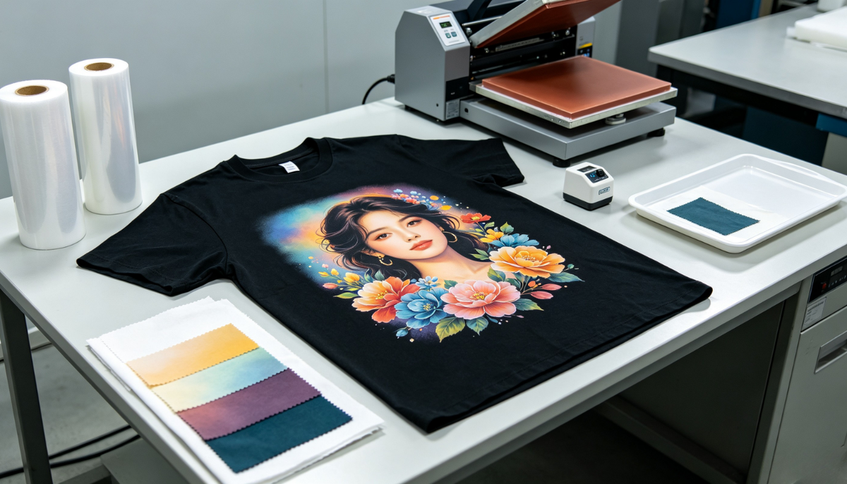 Black T-shirt with a vivid portrait and floral print beside a heat press