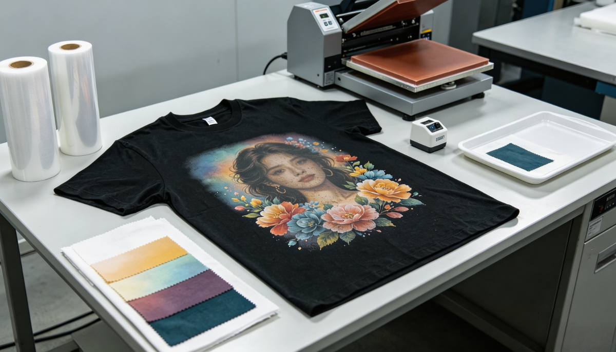 Black T-shirt with a faded portrait and floral print beside a heat press