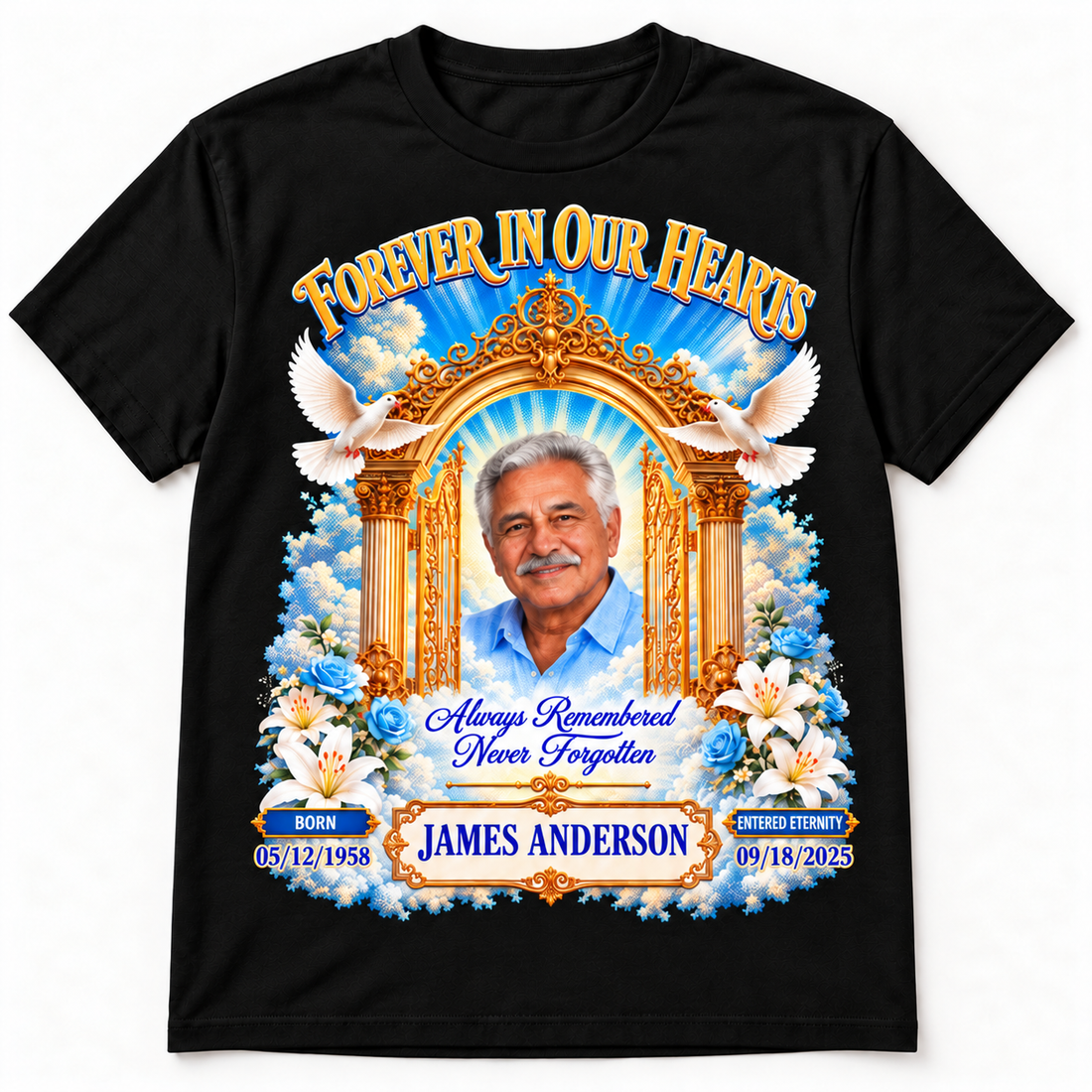 Black memorial T-shirt with blue sky arch, golden columns, and floral border photo