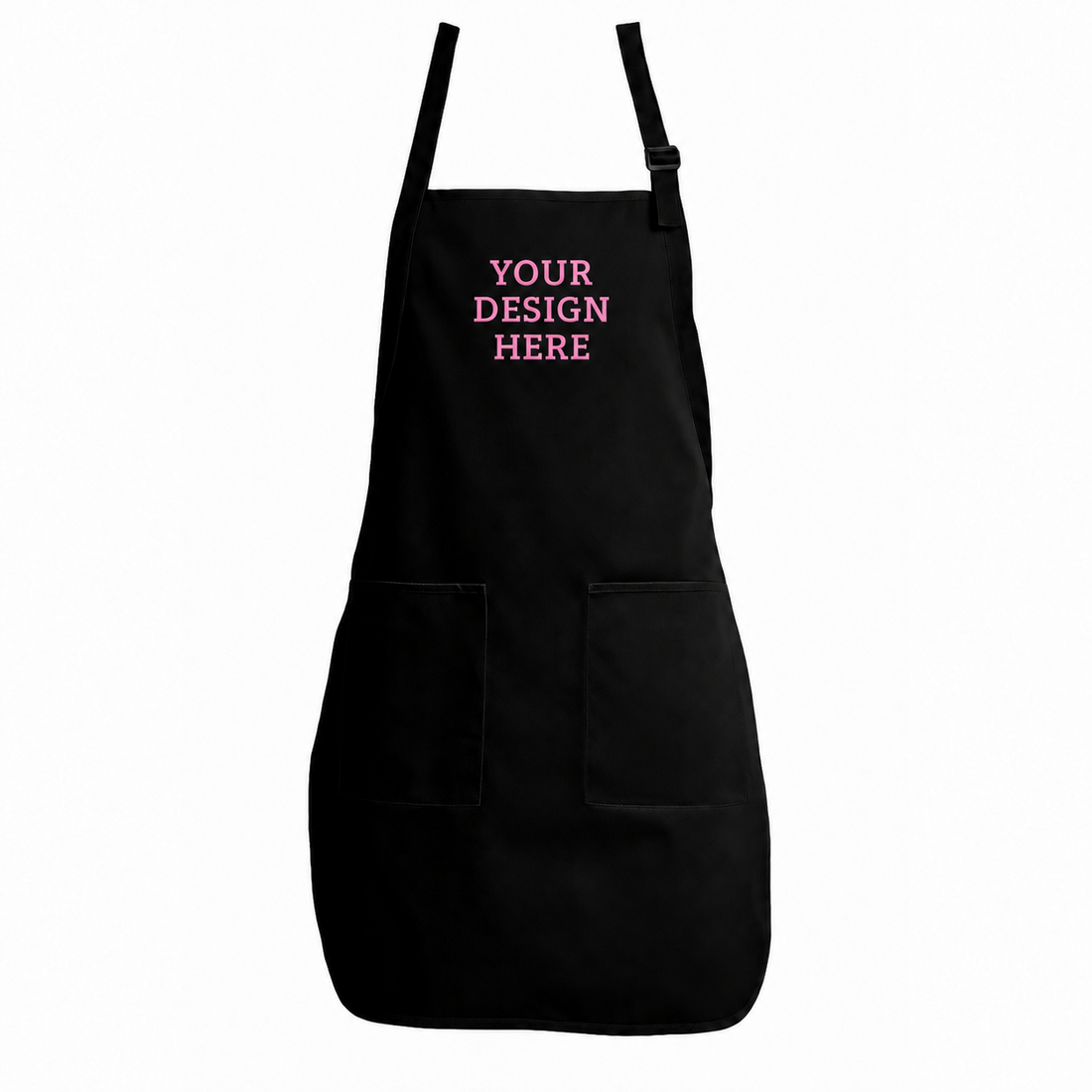 Black apron with Your Design Here lettering in Lightink Custom brand pink