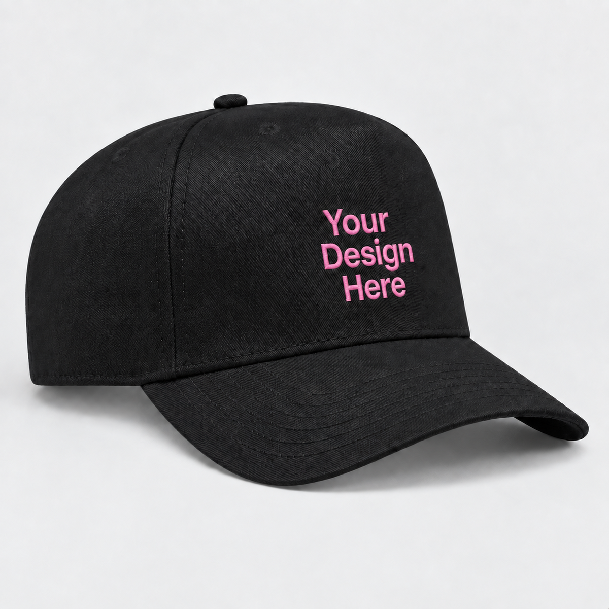 Black hat with Your Design Here lettering in Lightink Custom brand pink