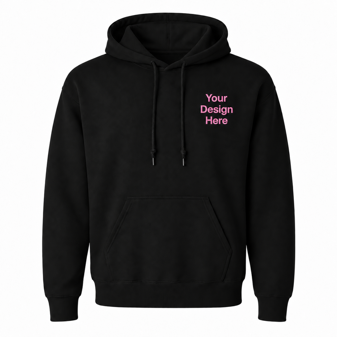 Black hoodie with Your Design Here lettering in Lightink Custom brand pink