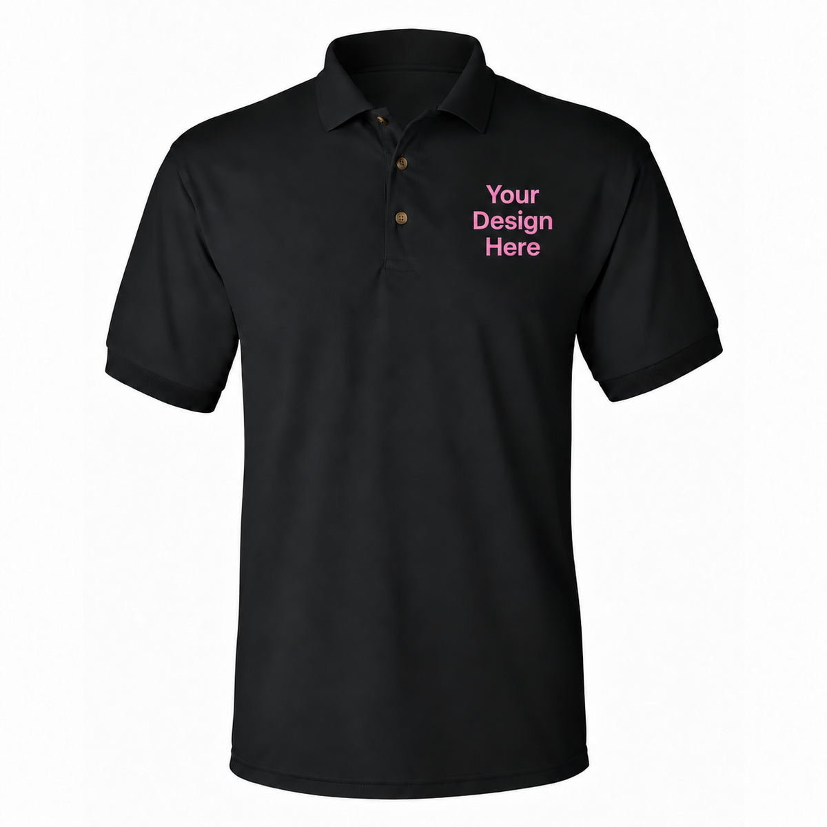 Black polo with Your Design Here lettering in Lightink Custom brand pink
