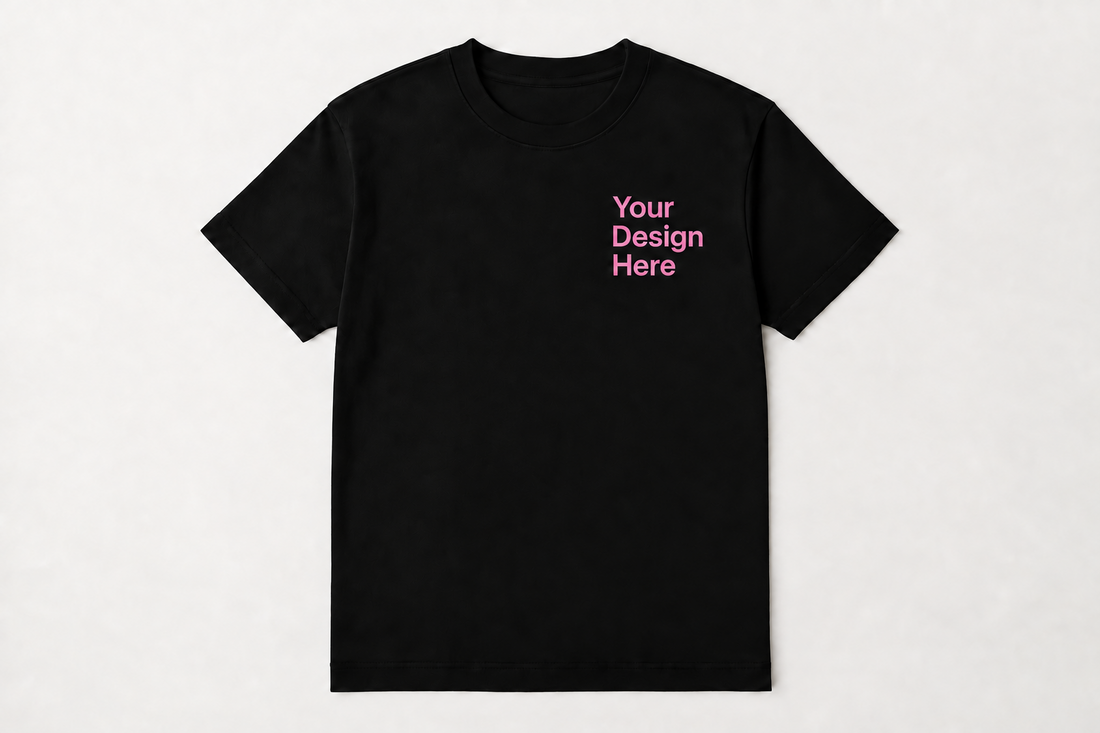 Black tshirt with Your Design Here lettering in Lightink Custom brand pink
