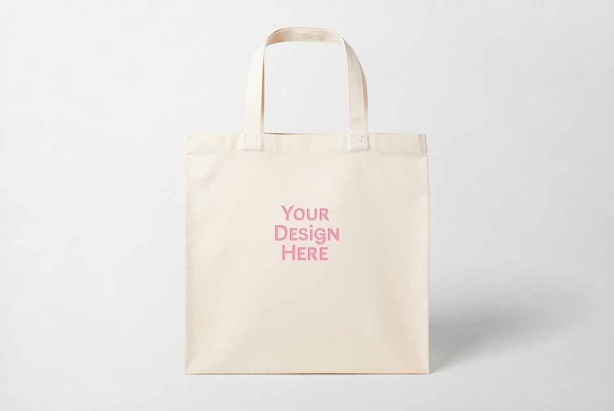 Natural canvas tote bag with Your Design Here in Lightink brand pink on a light studio background