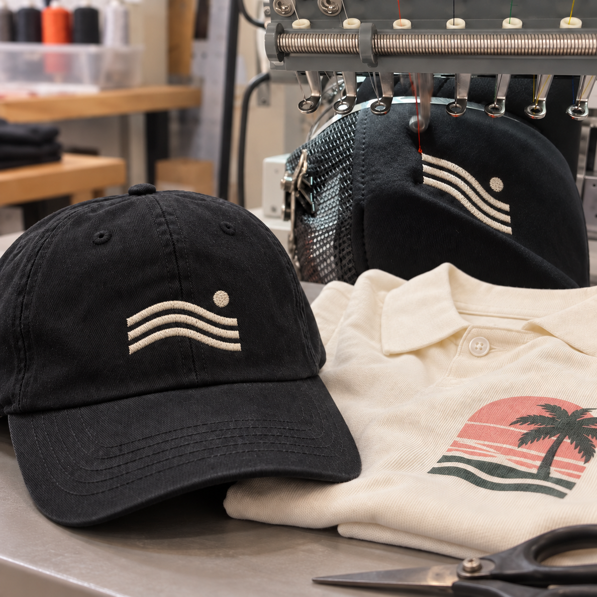 Embroidered black caps and a printed cream polo shirt beside an embroidery machine