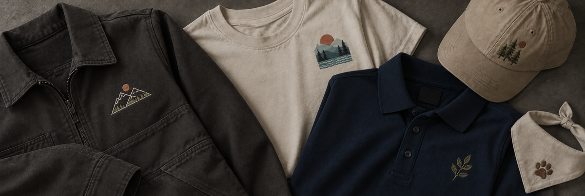 Custom apparel with printed shirt, embroidered jacket, polo, cap, and pet bandana