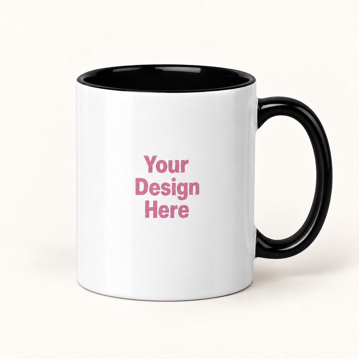 11 oz custom ceramic mug — black option, Lightink pink sample design