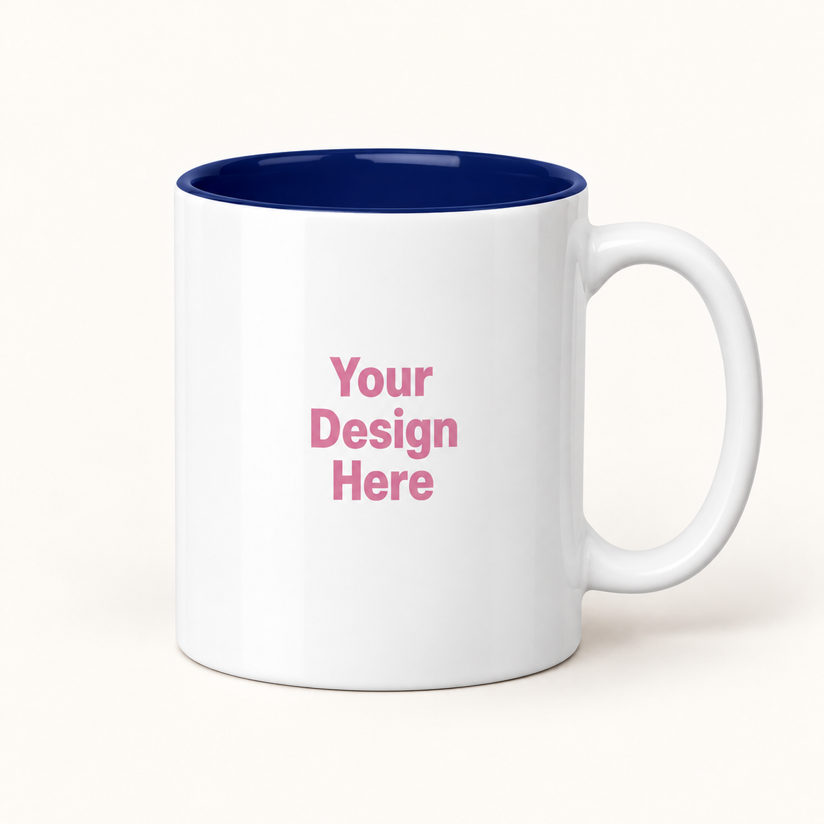 11 oz custom ceramic mug — navy option, Lightink pink sample design