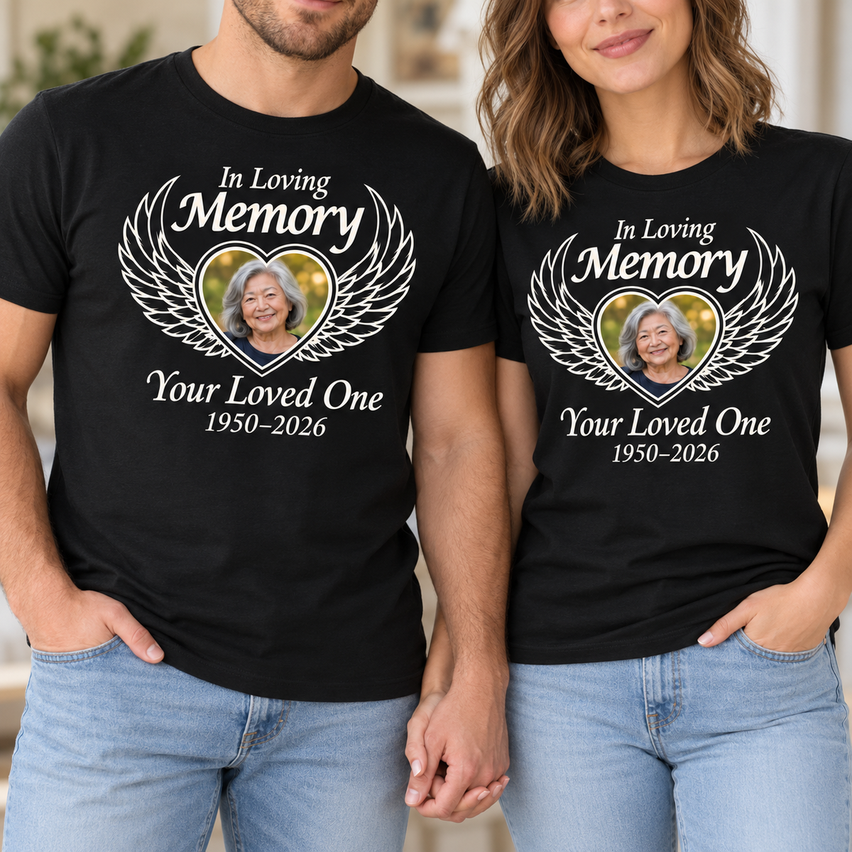 Personalized Photo Memorial T-Shirt — Angel Wings Photo